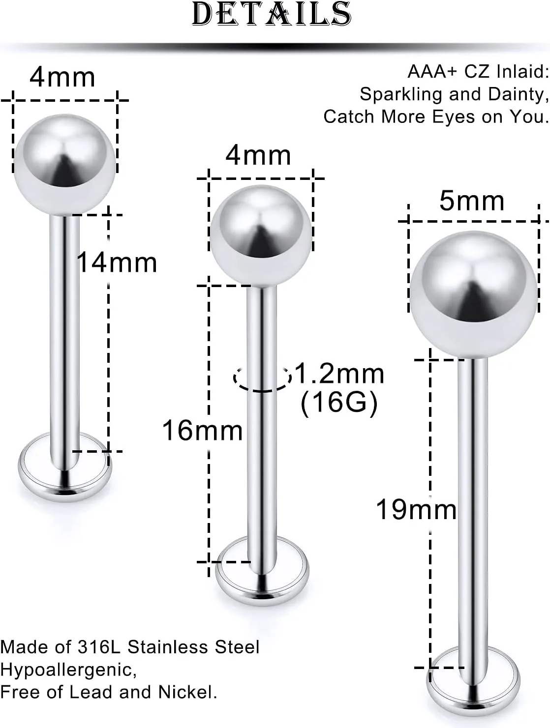 Kridzisw 16G 316L Stainless Steel Labret Cheek Tongue Rings Barbell Body Piercing Jewelry 4mm 5mm Bar Size 14mm-19mm Bar Length Available 6Pcs
