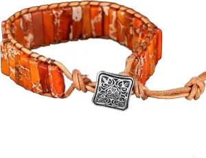KunBead Orange Chakra Imperial Jasper Bracelets for Women Healing Crystal Natural Stone Bead Leather Wrap Handmade Yoga Reiki Adjustable Bracelets