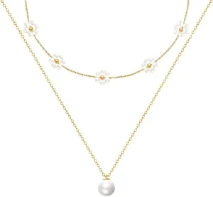 Ladies' Gold-Plated Pearl Layered Necklace, 14k Gold-Plated Cute Fashionable Pearl Daisy Necklace Stacked Matte Fashion Jewelry Gift for Ladies