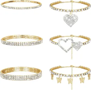 Laumoi 6 Pcs Ankle Bracelets for Women Christmas Rhinestone Stretch Anklet Heart Ankle Bracelets Anklet Jewelry Crystal Foot Chain(Gold, Heart Style)