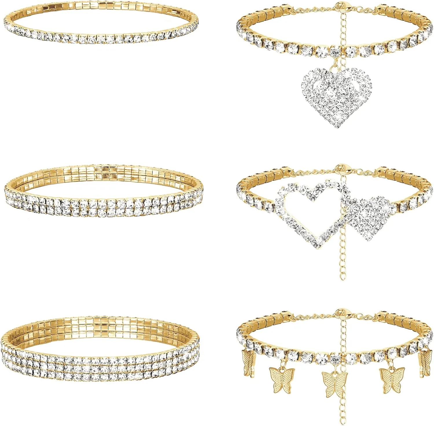 Laumoi 6 Pcs Ankle Bracelets for Women Christmas Rhinestone Stretch Anklet Heart Ankle Bracelets Anklet Jewelry Crystal Foot Chain(Gold, Heart Style)