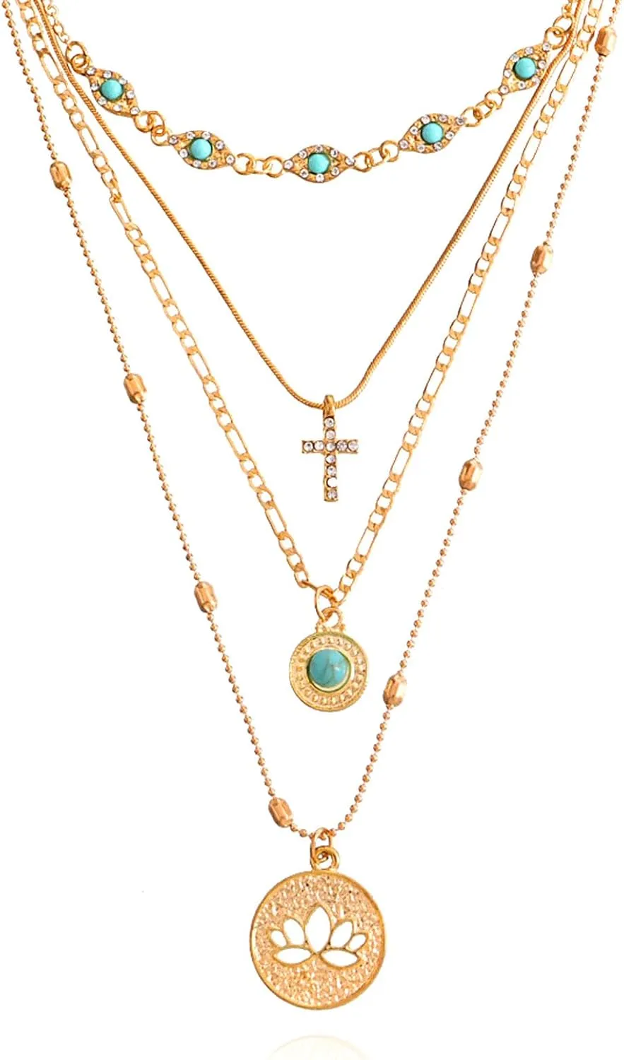 Layered Gold Necklace for Women Stackable Turquoise Choker Necklace Pearl Cross Pendant Necklace Set Jewelry Gifts
