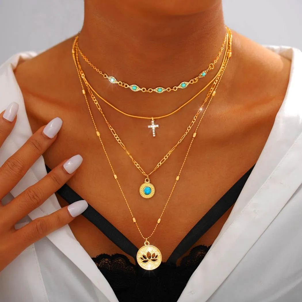 Layered Gold Necklace for Women Stackable Turquoise Choker Necklace Pearl Cross Pendant Necklace Set Jewelry Gifts