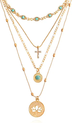 Layered Gold Necklace for Women Stackable Turquoise Choker Necklace Pearl Cross Pendant Necklace Set Jewelry Gifts