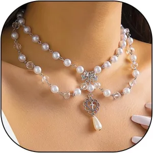 Layered Gold Pearls Choker Necklace for Women,Stackable Teardrop Heart Pendant Necklace Adjustable Cross Necklace Christmas Jewelry Accessories Gifts