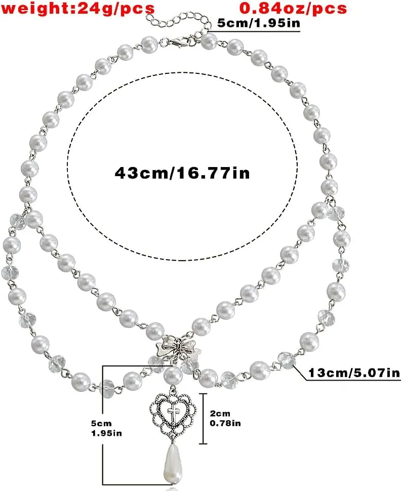 Layered Gold Pearls Choker Necklace for Women,Stackable Teardrop Heart Pendant Necklace Adjustable Cross Necklace Christmas Jewelry Accessories Gifts