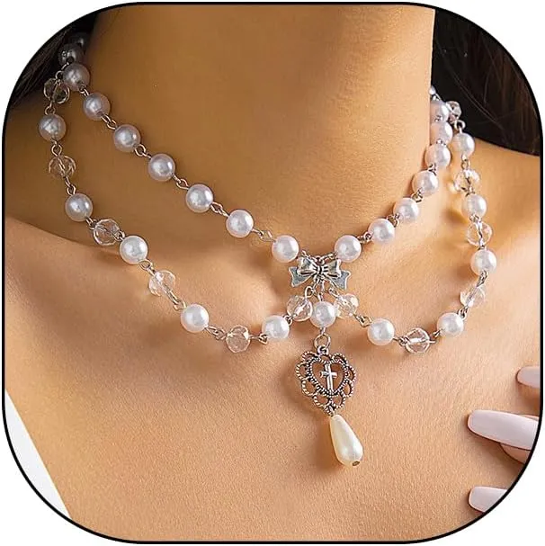 Layered Gold Pearls Choker Necklace for Women,Stackable Teardrop Heart Pendant Necklace Adjustable Cross Necklace Christmas Jewelry Accessories Gifts