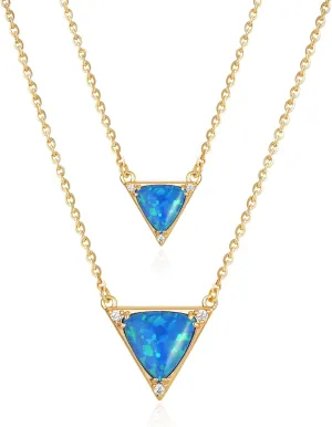 Layered Triangle Shape Blue Opal Necklace for Women 14K Gold Plated Cubic Zirconia Dainty Created Opal Pendant Necklaces Opal Jewelry