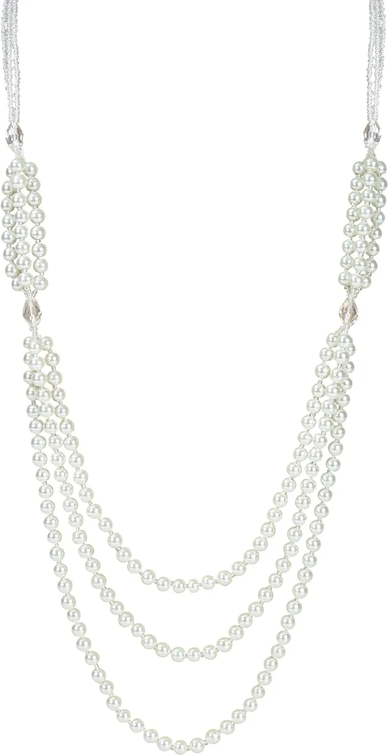 Layered Waterfall Pearl Beaded Necklaces for Women Long Boho 3 Strand Faux Pearl and Crystal Necklace Long Knotted Tassel Pendant Necklace Lariat Necklace Long Y Necklace Sweater Chain Elegant Jewelry for Women