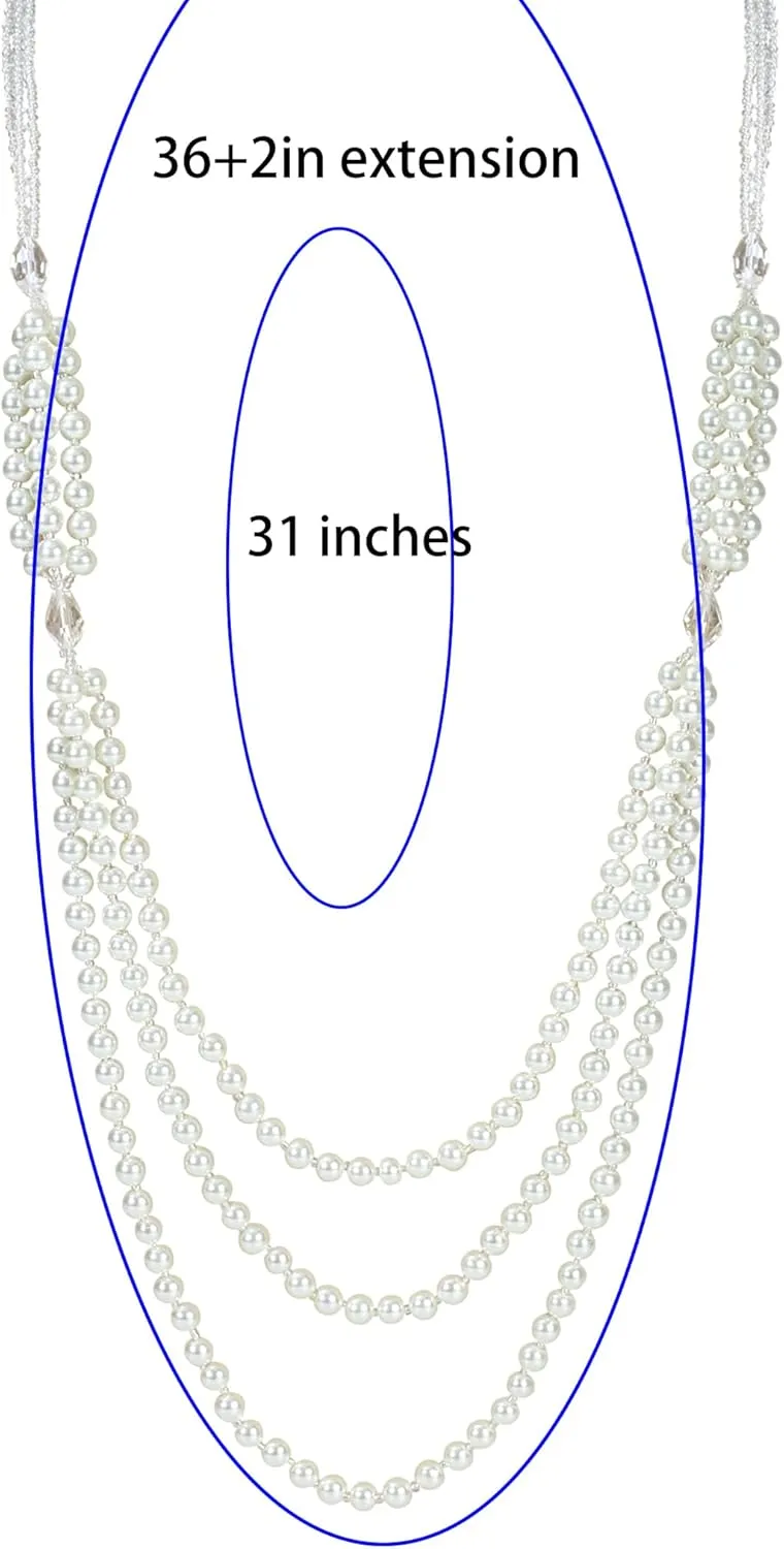Layered Waterfall Pearl Beaded Necklaces for Women Long Boho 3 Strand Faux Pearl and Crystal Necklace Long Knotted Tassel Pendant Necklace Lariat Necklace Long Y Necklace Sweater Chain Elegant Jewelry for Women