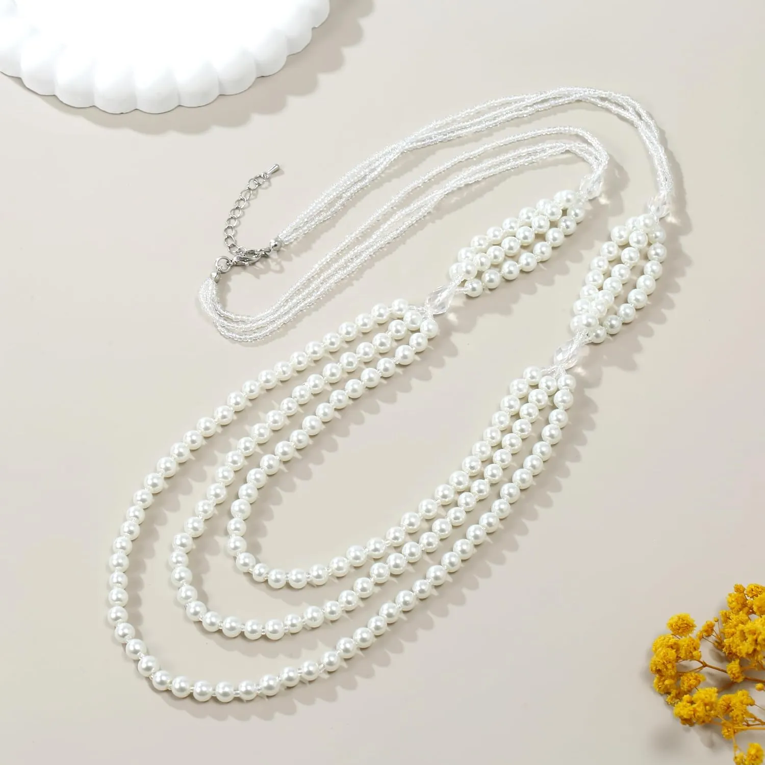 Layered Waterfall Pearl Beaded Necklaces for Women Long Boho 3 Strand Faux Pearl and Crystal Necklace Long Knotted Tassel Pendant Necklace Lariat Necklace Long Y Necklace Sweater Chain Elegant Jewelry for Women