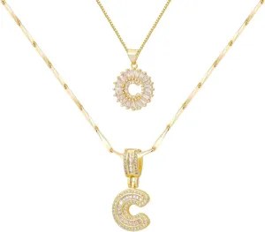 Letter Necklace for Women,14K Gold Plated Initial Necklaces, Personalized Custom Name Jewelry, Initials Pendent Necklace for Couple,2PCS Trendy Dainty Bling Necklace for Birthdays Christmas