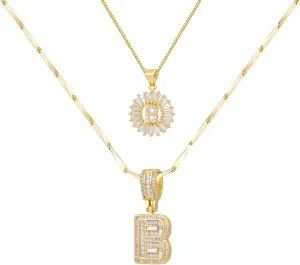 Letter Necklace for Women,14K Gold Plated Initial Necklaces, Personalized Custom Name Jewelry, Initials Pendent Necklace for Couple,2PCS Trendy Dainty Bling Necklace for Birthdays Christmas
