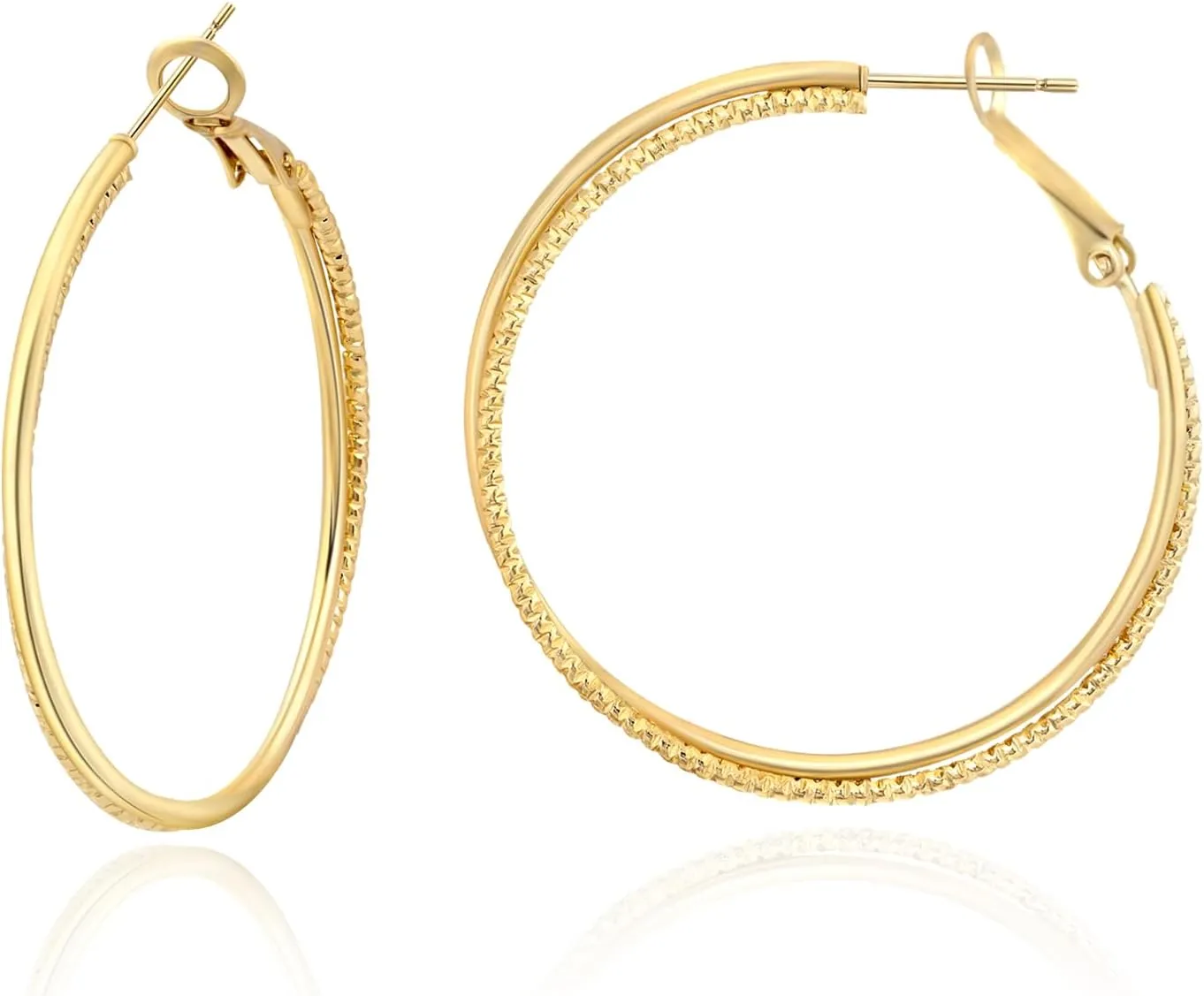 Lightweight Gold Hoop Earrings-14K Gold Plated Double Circle Earrings Sparkly Thin Large Hoop Earrings for Women with 925 Sterling Silver Post Big Gold Earrings for Women Trendy