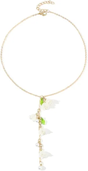 Lily of The Valley Tassel Pendant Necklace for Women Girls Faux Pearl Shell Lily Flower Dangle 14k Golden Plated Link Adjustable Chain Necklaces Elegant Birthday Jewelry Gift Wedding