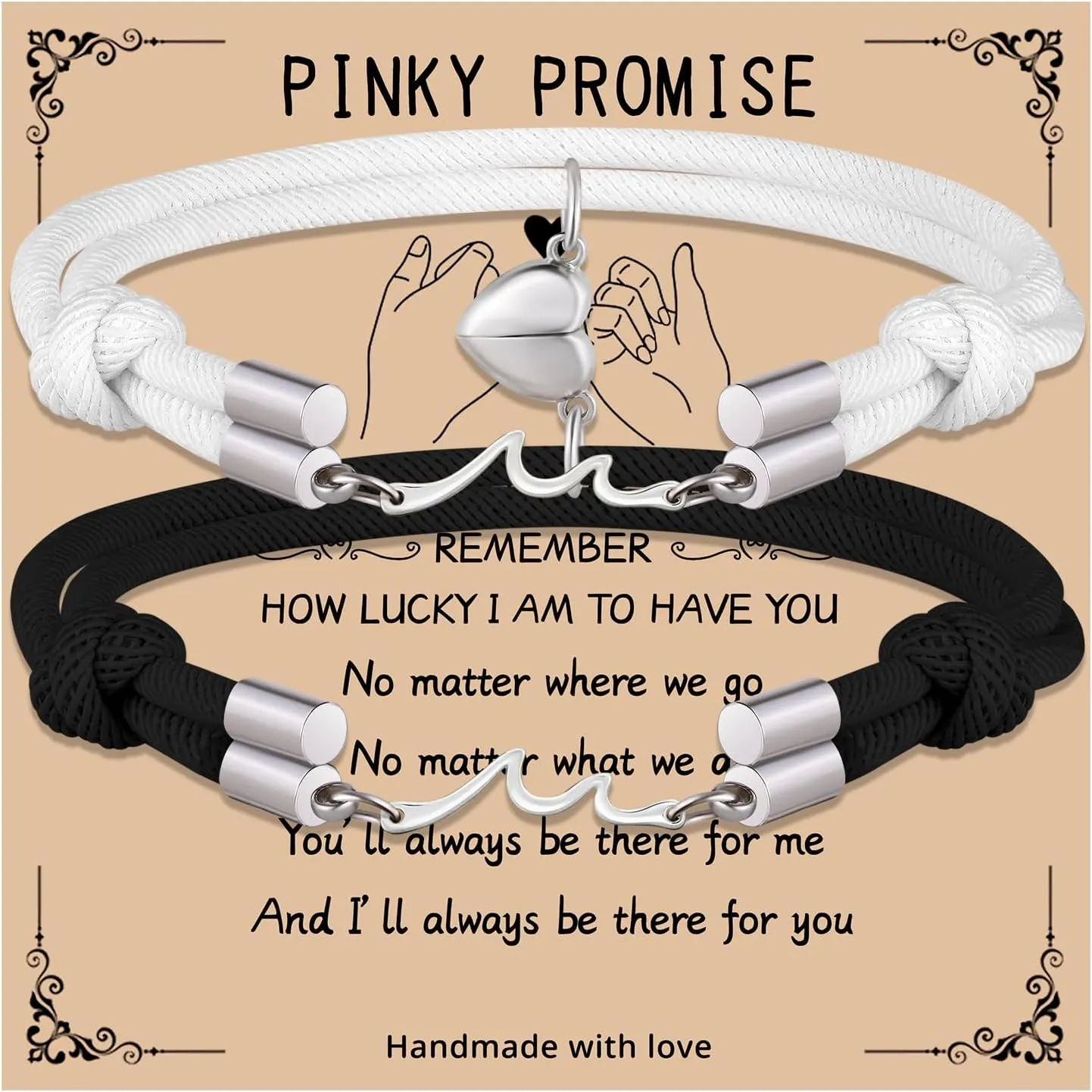LINY 2Pcs Matching Wave Bracelet Mutual Attraction Heart Couple Pinky Promise Bracelets Friendship Matching Relationship Bracelets for Boyfriend Girlfriend Valentines Gift