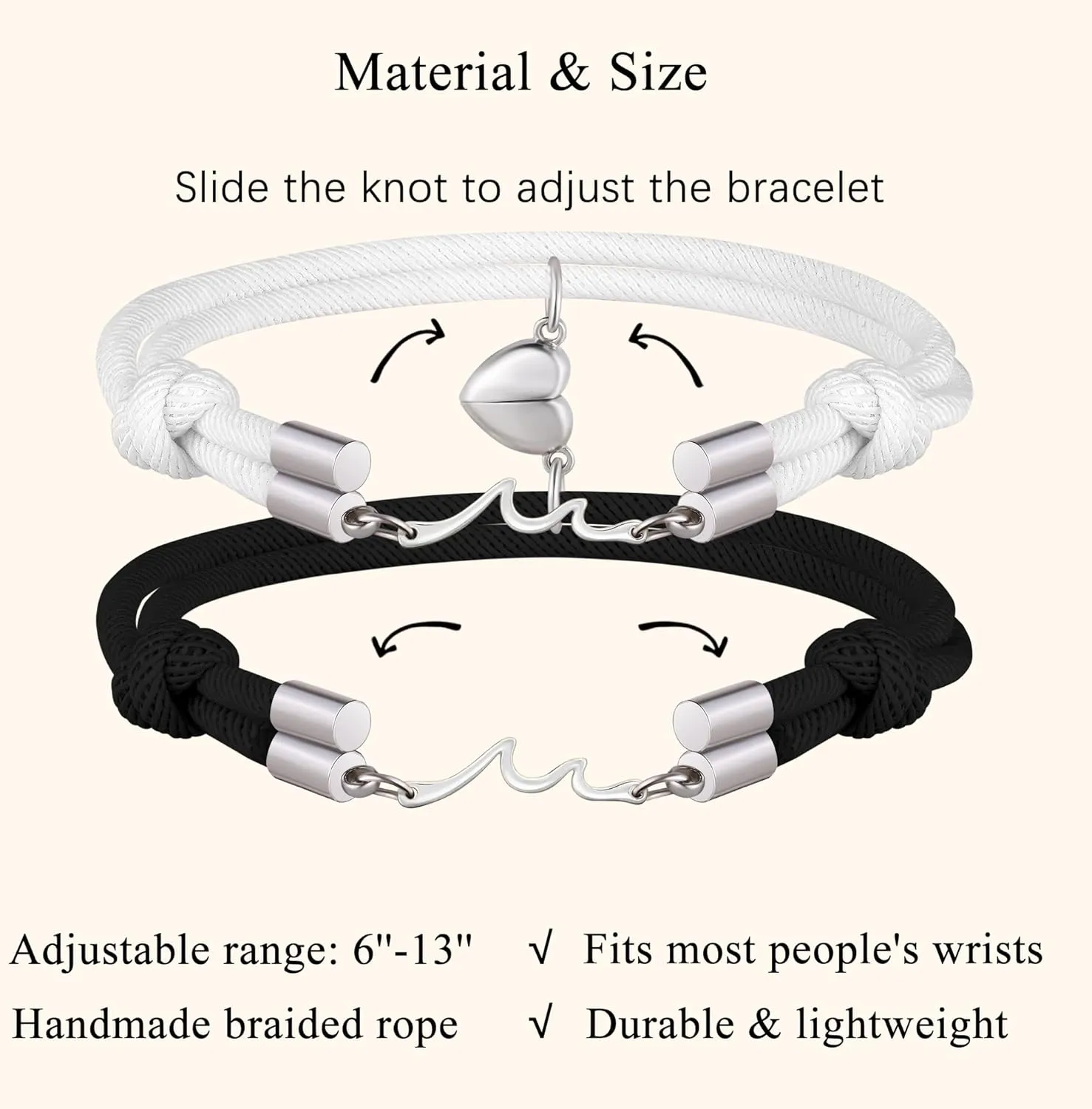 LINY 2Pcs Matching Wave Bracelet Mutual Attraction Heart Couple Pinky Promise Bracelets Friendship Matching Relationship Bracelets for Boyfriend Girlfriend Valentines Gift