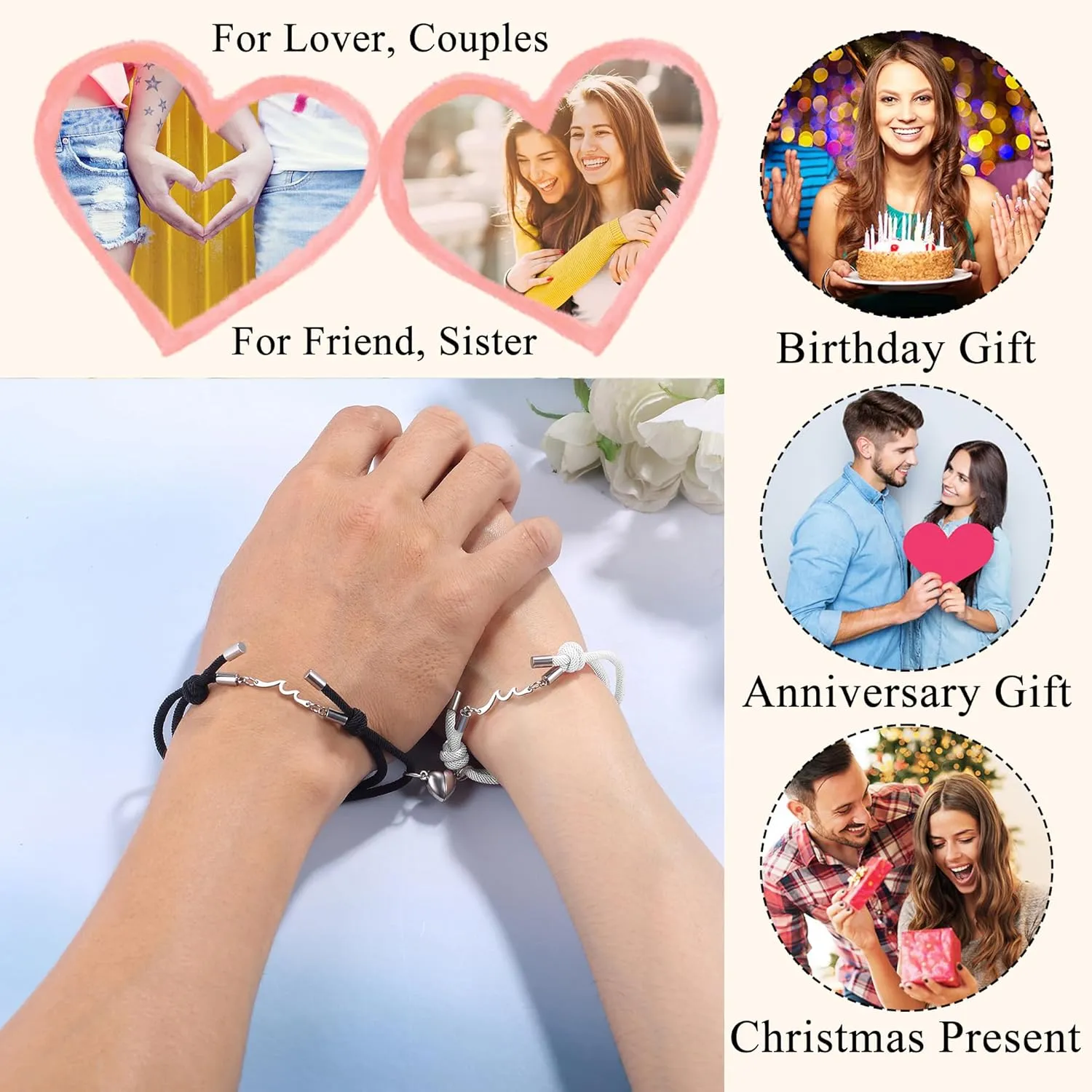 LINY 2Pcs Matching Wave Bracelet Mutual Attraction Heart Couple Pinky Promise Bracelets Friendship Matching Relationship Bracelets for Boyfriend Girlfriend Valentines Gift