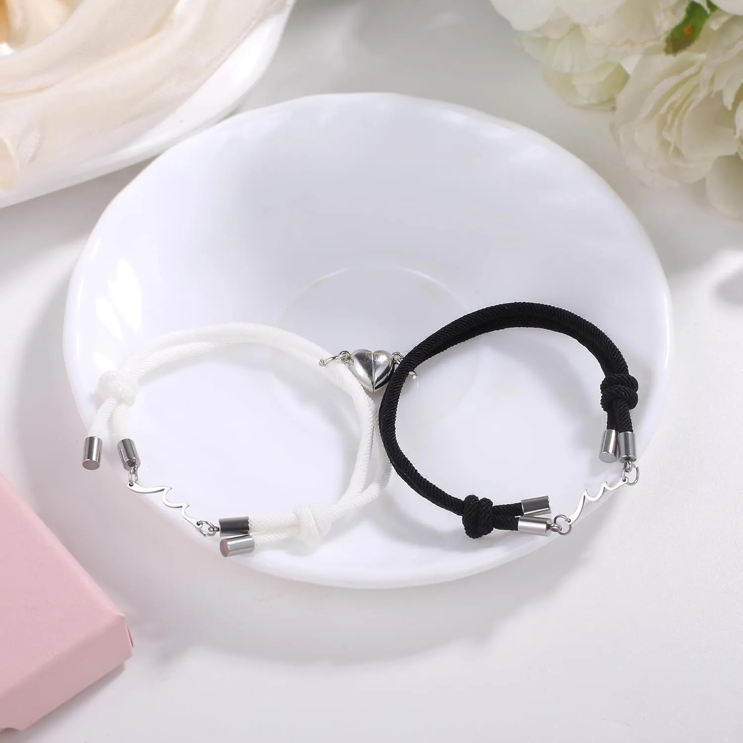 LINY 2Pcs Matching Wave Bracelet Mutual Attraction Heart Couple Pinky Promise Bracelets Friendship Matching Relationship Bracelets for Boyfriend Girlfriend Valentines Gift