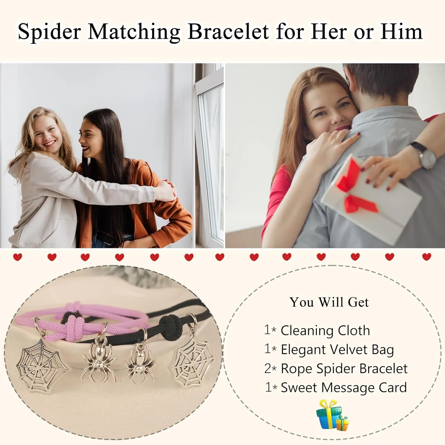 LINY 2Pcs Spider Bracelets for Couples Matching Bracelet Promise Braided Rope Relationship Bracelet for Her and Him Spider Friendship Bracelets for Women Men