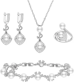 LMXXVJ Faux Pearl Jewelry Set for Women,Necklace Adjustable Ring Earrings Bracelet Set,Birthday/Wedding/Mothers Day Jewelry Gifts for Mom/Wife/Best Friend Goddess/Valentine