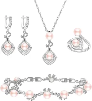 LMXXVJ Faux Pearl Jewelry Set for Women,Necklace Adjustable Ring Earrings Bracelet Set,Birthday/Wedding/Mothers Day Jewelry Gifts for Mom/Wife/Best Friend Goddess/Valentine
