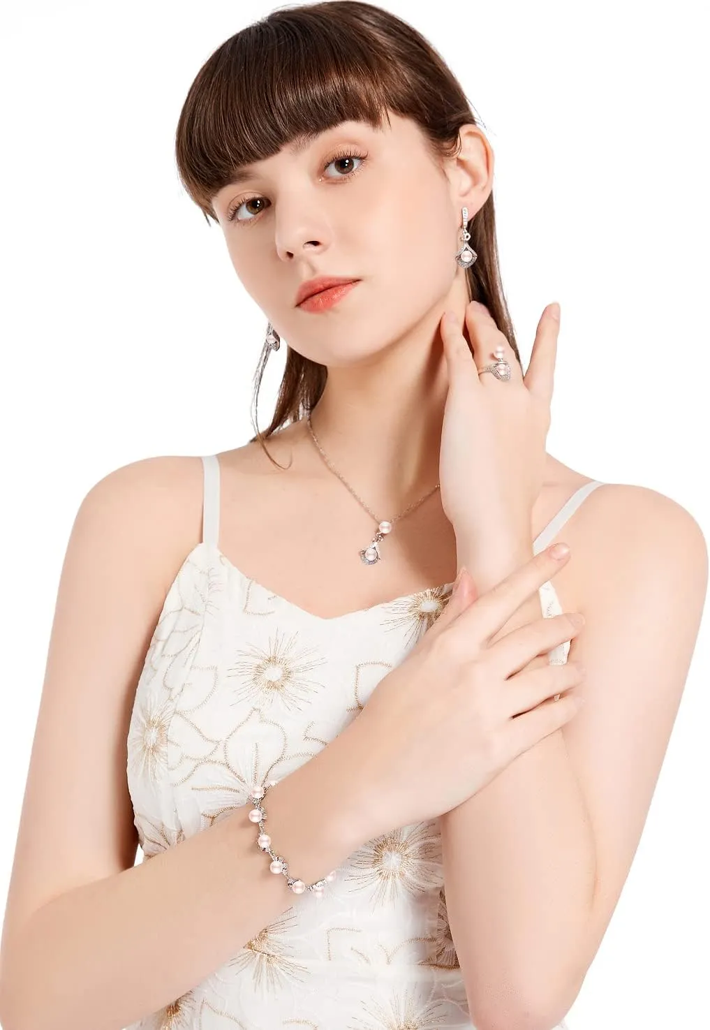 LMXXVJ Faux Pearl Jewelry Set for Women,Necklace Adjustable Ring Earrings Bracelet Set,Birthday/Wedding/Mothers Day Jewelry Gifts for Mom/Wife/Best Friend Goddess/Valentine