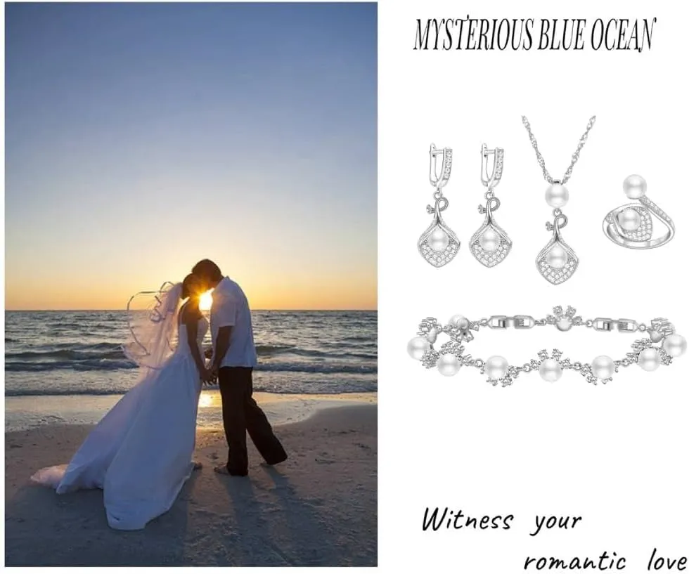 LMXXVJ Faux Pearl Jewelry Set for Women,Necklace Adjustable Ring Earrings Bracelet Set,Birthday/Wedding/Mothers Day Jewelry Gifts for Mom/Wife/Best Friend Goddess/Valentine