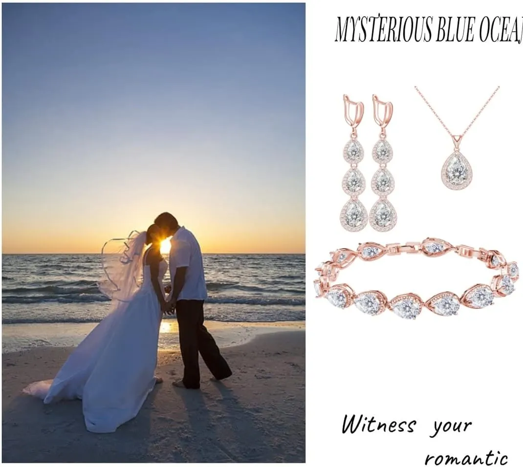 LMXXVJ Necklace Long Earrings Bracelet Set, White Gold Plated Created Blue Sapphire Jewelry Set Wedding Party Gift Jewelry for Women Bridal Bridesmaid
