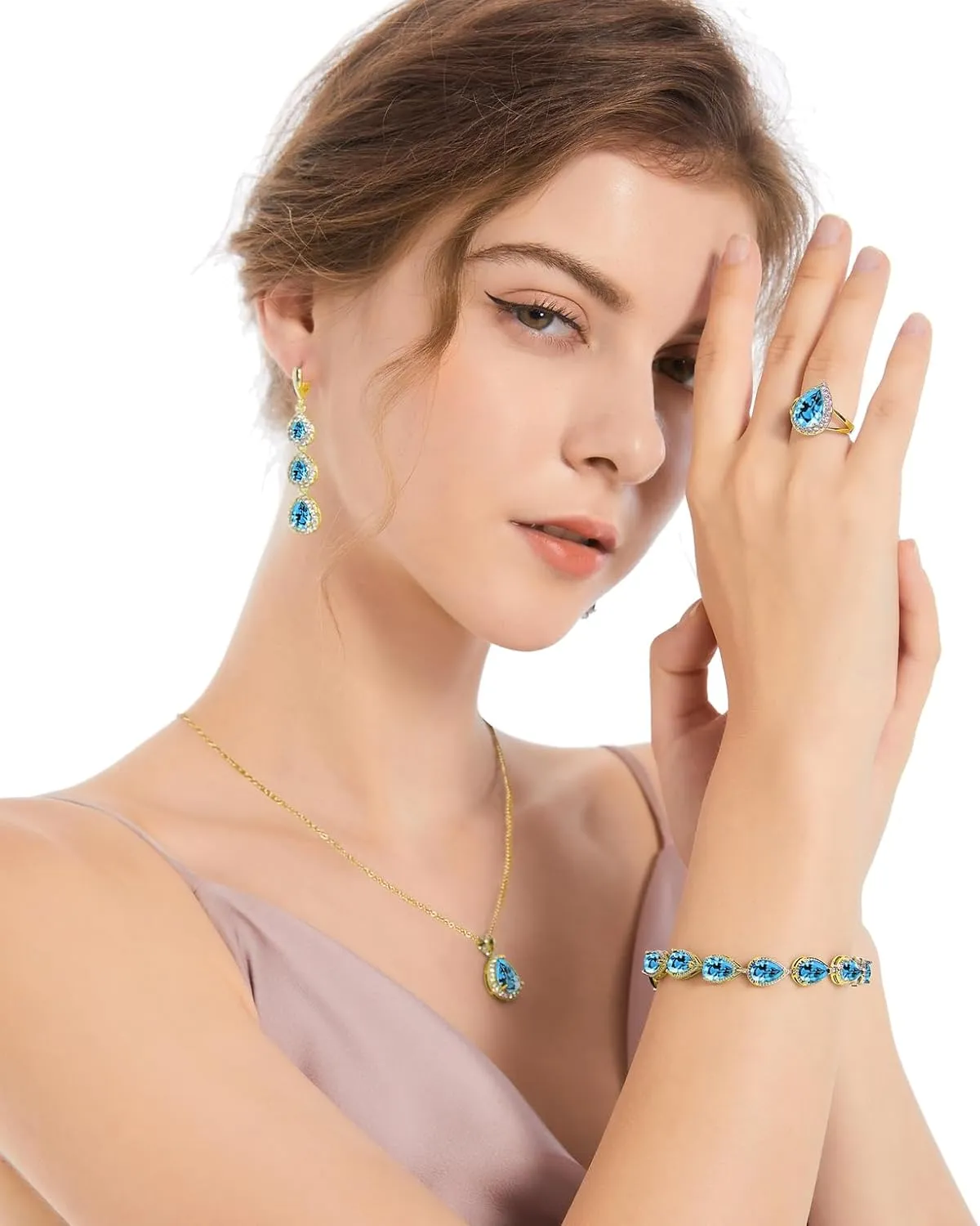 LMXXVJ Necklace Long Earrings Bracelet Set, White Gold Plated Created Blue Sapphire Jewelry Set Wedding Party Gift Jewelry for Women Bridal Bridesmaid