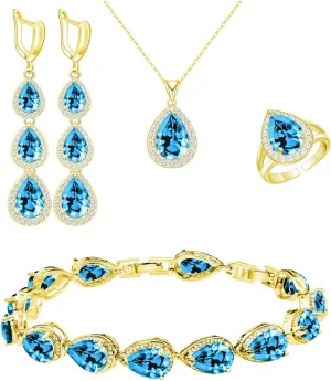 LMXXVJ Necklace Long Earrings Bracelet Set, White Gold Plated Created Blue Sapphire Jewelry Set Wedding Party Gift Jewelry for Women Bridal Bridesmaid