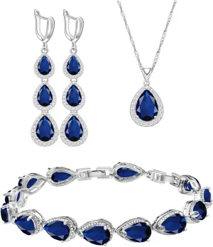 LMXXVJ Necklace Long Earrings Bracelet Set, White Gold Plated Created Blue Sapphire Jewelry Set Wedding Party Gift Jewelry for Women Bridal Bridesmaid