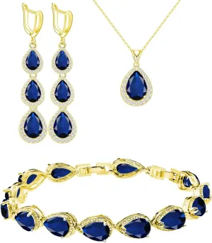 LMXXVJ Necklace Long Earrings Bracelet Set, White Gold Plated Created Blue Sapphire Jewelry Set Wedding Party Gift Jewelry for Women Bridal Bridesmaid
