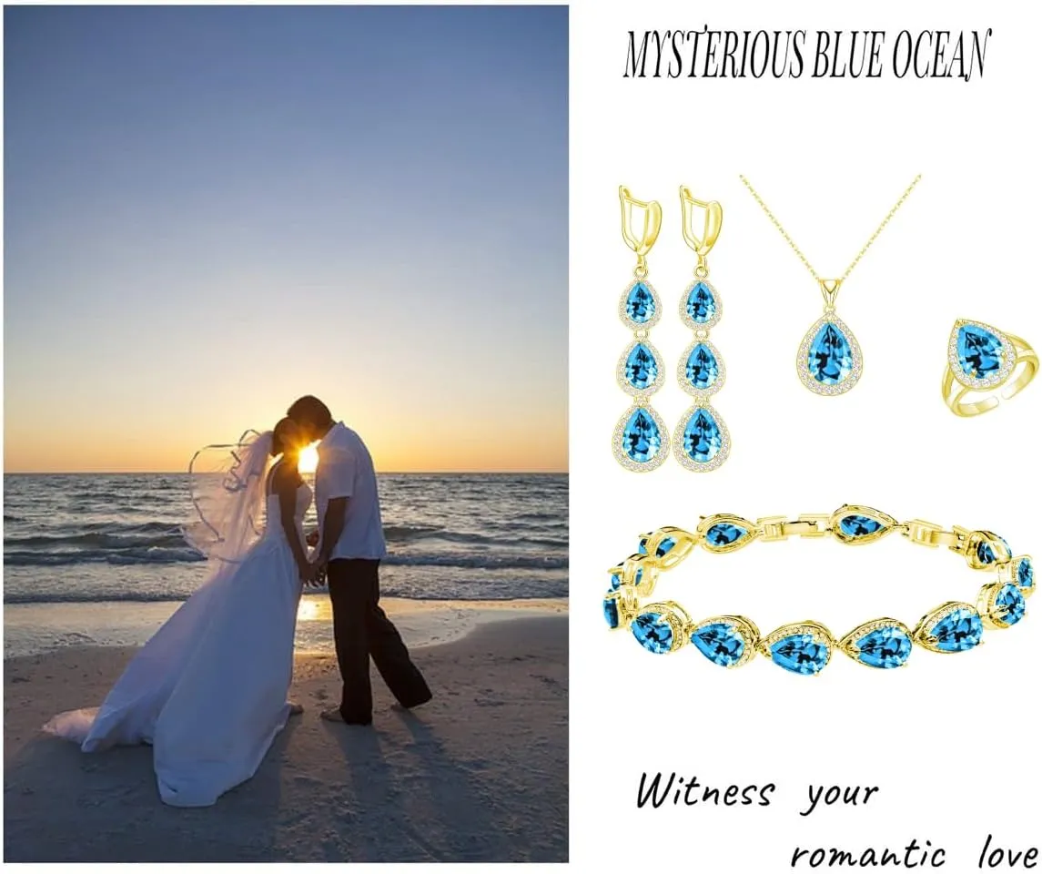 LMXXVJ Necklace Long Earrings Bracelet Set, White Gold Plated Created Blue Sapphire Jewelry Set Wedding Party Gift Jewelry for Women Bridal Bridesmaid