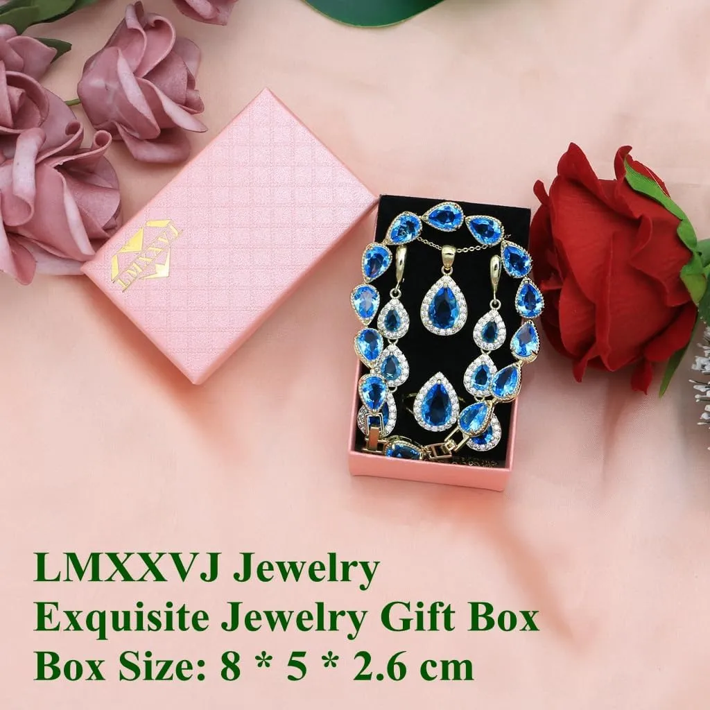 LMXXVJ Necklace Long Earrings Bracelet Set, White Gold Plated Created Blue Sapphire Jewelry Set Wedding Party Gift Jewelry for Women Bridal Bridesmaid