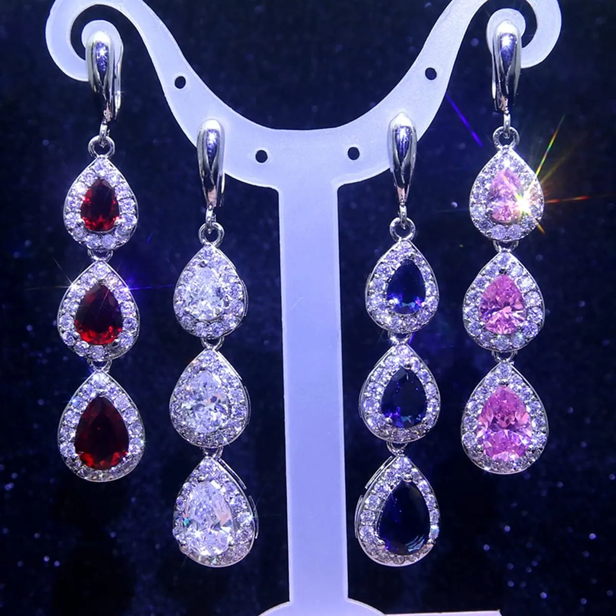 LMXXVJ Necklace Long Earrings Bracelet Set, White Gold Plated Created Blue Sapphire Jewelry Set Wedding Party Gift Jewelry for Women Bridal Bridesmaid