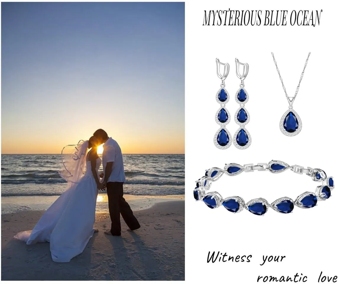 LMXXVJ Necklace Long Earrings Bracelet Set, White Gold Plated Created Blue Sapphire Jewelry Set Wedding Party Gift Jewelry for Women Bridal Bridesmaid