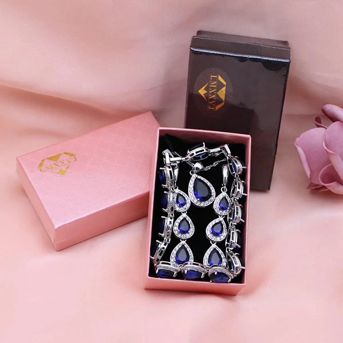 LMXXVJ Necklace Long Earrings Bracelet Set, White Gold Plated Created Blue Sapphire Jewelry Set Wedding Party Gift Jewelry for Women Bridal Bridesmaid