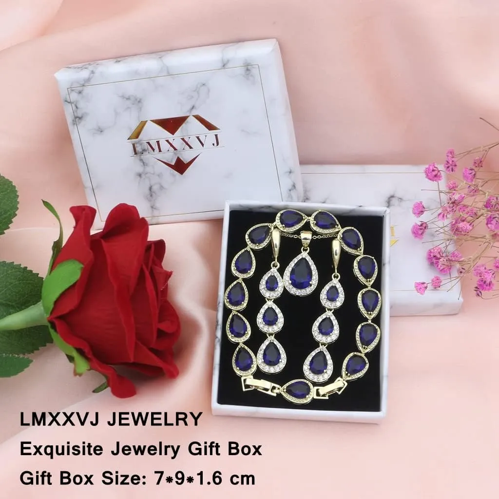 LMXXVJ Necklace Long Earrings Bracelet Set, White Gold Plated Created Blue Sapphire Jewelry Set Wedding Party Gift Jewelry for Women Bridal Bridesmaid