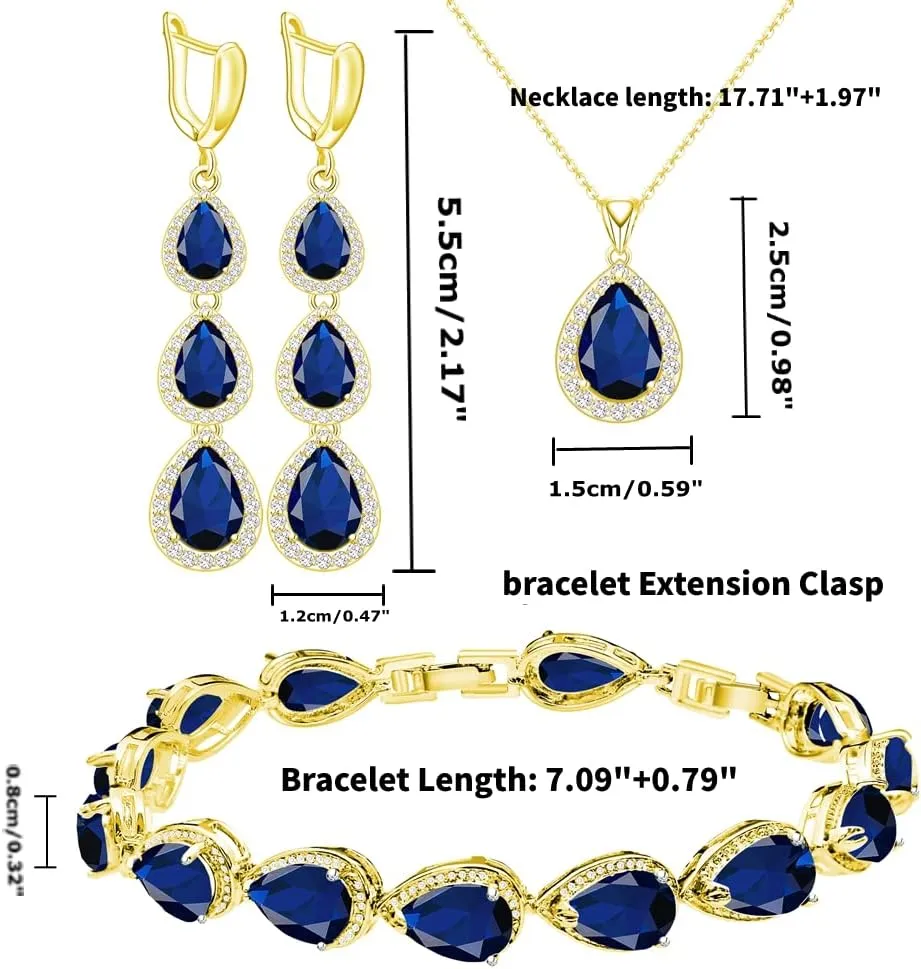 LMXXVJ Necklace Long Earrings Bracelet Set, White Gold Plated Created Blue Sapphire Jewelry Set Wedding Party Gift Jewelry for Women Bridal Bridesmaid