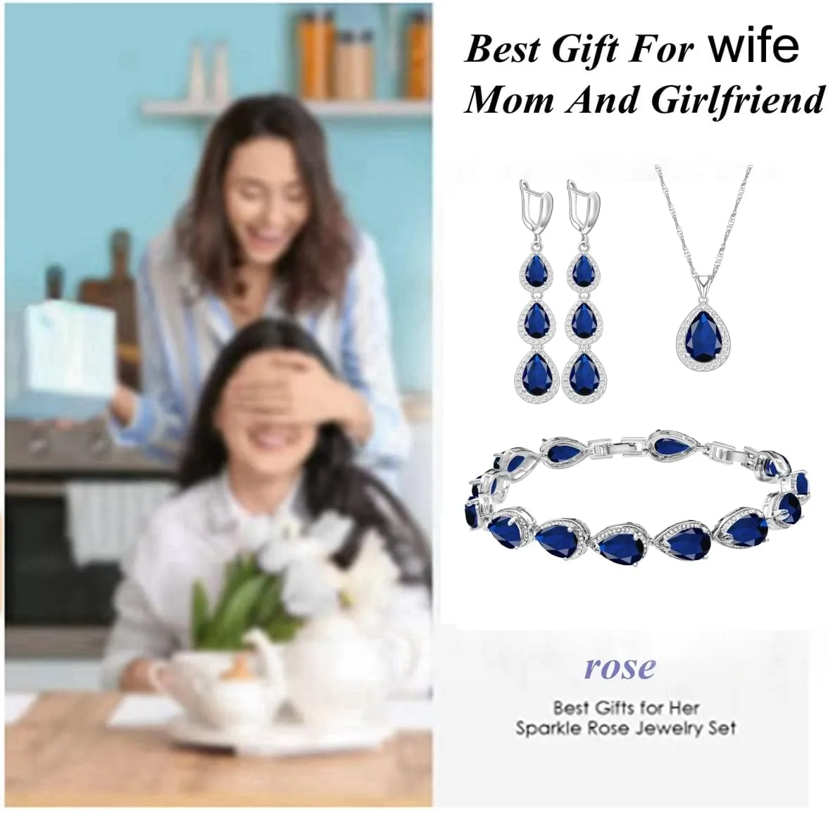 LMXXVJ Necklace Long Earrings Bracelet Set, White Gold Plated Created Blue Sapphire Jewelry Set Wedding Party Gift Jewelry for Women Bridal Bridesmaid