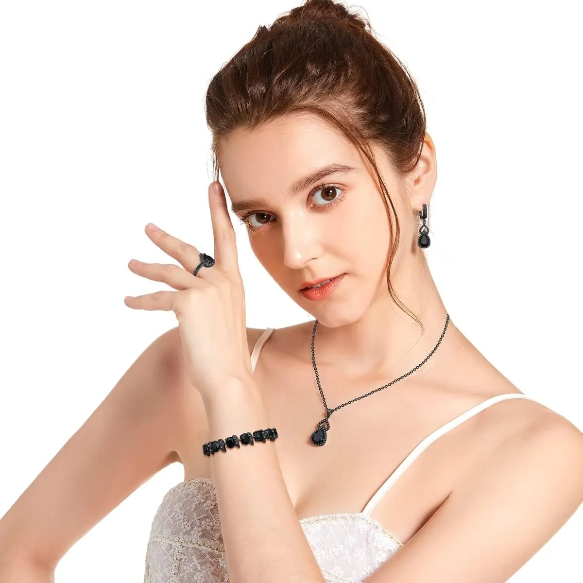 LMXXVJ Women Jewelry Set Platinum Plated Necklace Open Ring Earrings Bracelet Set,Birthday/Anniversary Mothers Day Jewelry Gifts for Mom/Wife/Sister/Best Friend
