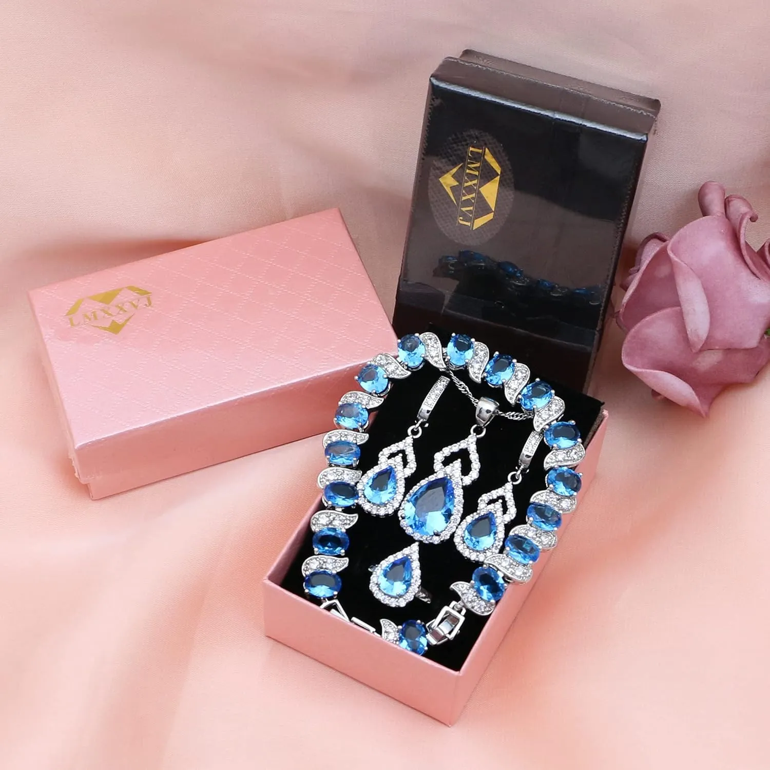 LMXXVJ Women Jewelry Set Platinum Plated Necklace Open Ring Earrings Bracelet Set,Birthday/Anniversary Mothers Day Jewelry Gifts for Mom/Wife/Sister/Best Friend