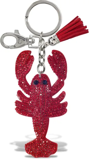 Lobster Keychain - Red Sparkling Rhinestones Charm with Tassel, Fashionable Stylish Polyester PU Ocean Life Key Ring Bling Jewelry Accessory with Clasp For Key Chain, Bag, Purse& Backpack