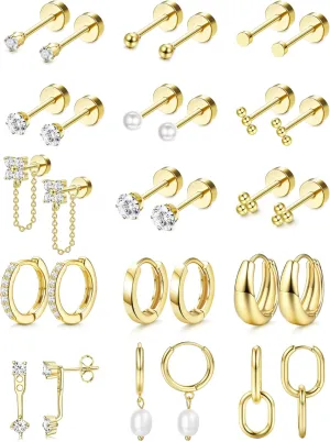LOLIAS Flat Back Earrings for Women Hypoallergenic Surgical Steel Earrings for Sensitive Ears-20G Cartilage Earring Stacks Gold Hoops Flatback Stud Earring Sets for Multiple Piercing