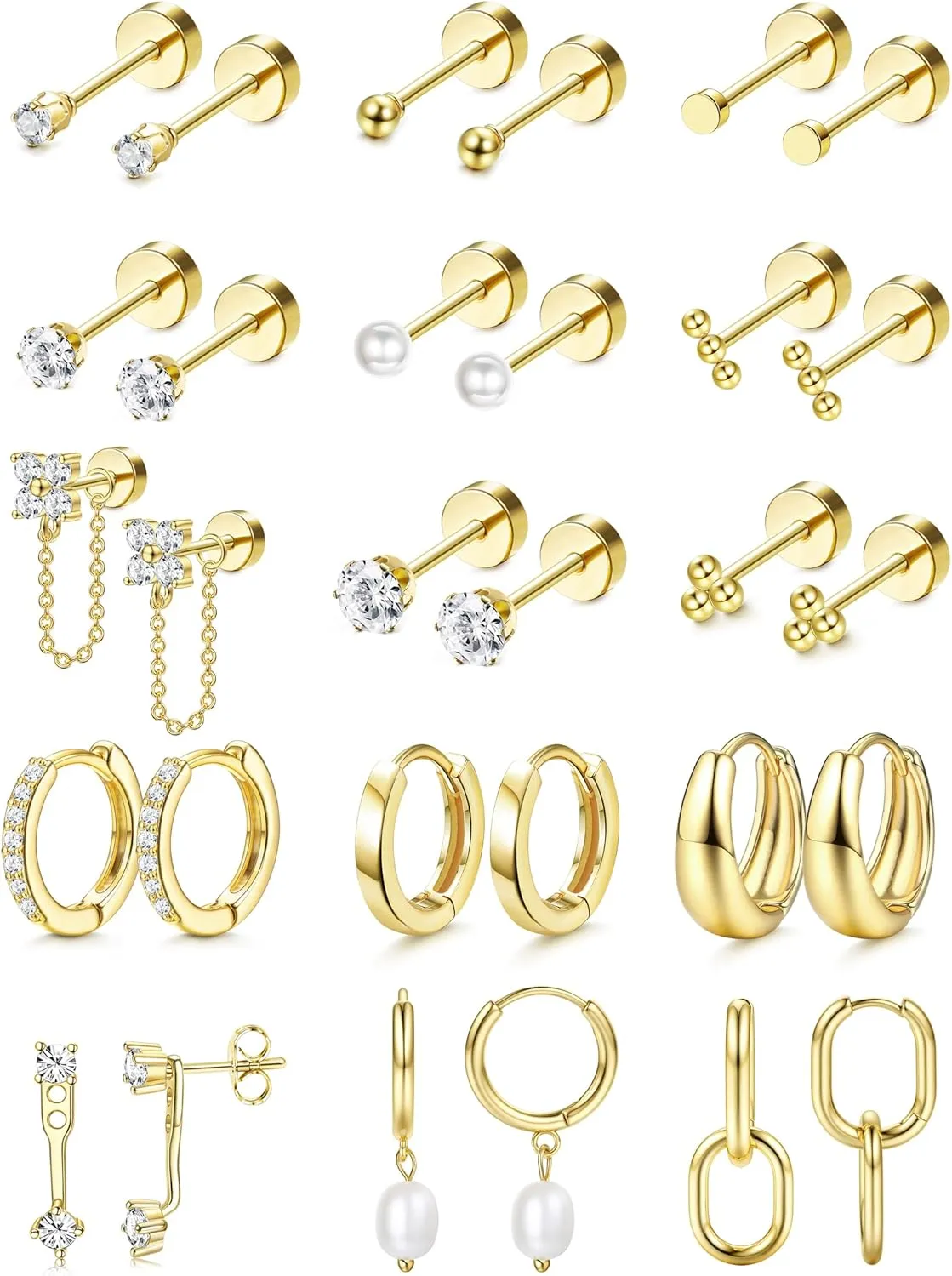 LOLIAS Flat Back Earrings for Women Hypoallergenic Surgical Steel Earrings for Sensitive Ears-20G Cartilage Earring Stacks Gold Hoops Flatback Stud Earring Sets for Multiple Piercing