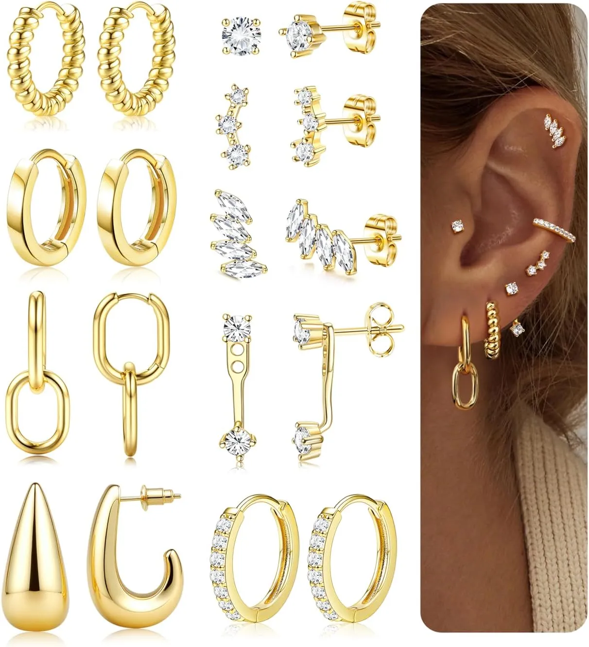 LOLIAS Small Gold Hoop Earring Stacks for Women - 14K Gold Plated Huggie Stud Hoop Earrings Hypoallergenic Stainless Steel Cartilage Earring Sets for Multiple Piercing Lightweight 9Pairs
