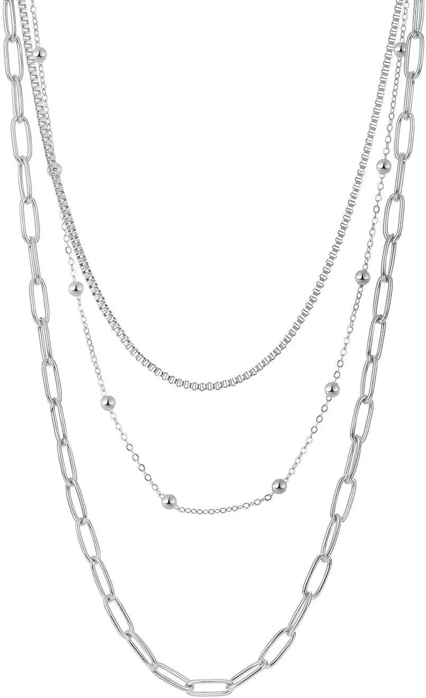Loqimu Three Layer Gold Chain Necklace Stainless Steel Paper Clip Necklace for Women Teen Girls Bead Box Chain Choker Clavicle Necklace Boho Statement Jewelry Gift Dainty Fashionable Necklace