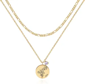 LOYATA 18K Gold Plated Birth Flower Choker Necklace Engraved Floral Layered Choker Necklaces Dainty Birth Month Flower Disc Charm Flower Disk Necklace Jewelry Gift for Women