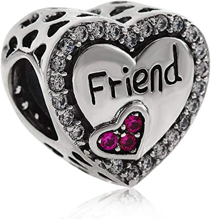 LUCKYBEADS Friend Charm 925 Sterling Silver Friendship Charm Heart Charms Compatible with Pandora Bracelet